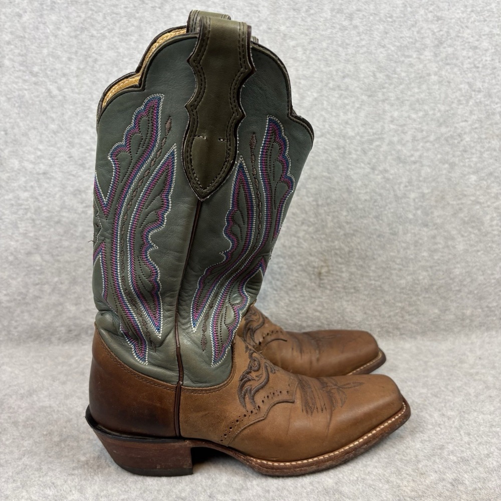 Vtg Justin Boots Women's Cowboy Size 6.5B Square Toe 12675 Western Brown Blue